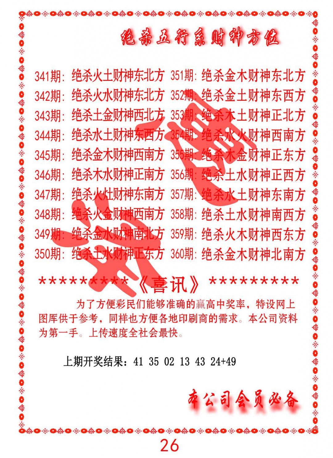 358期绝杀五行及财神方位[图]